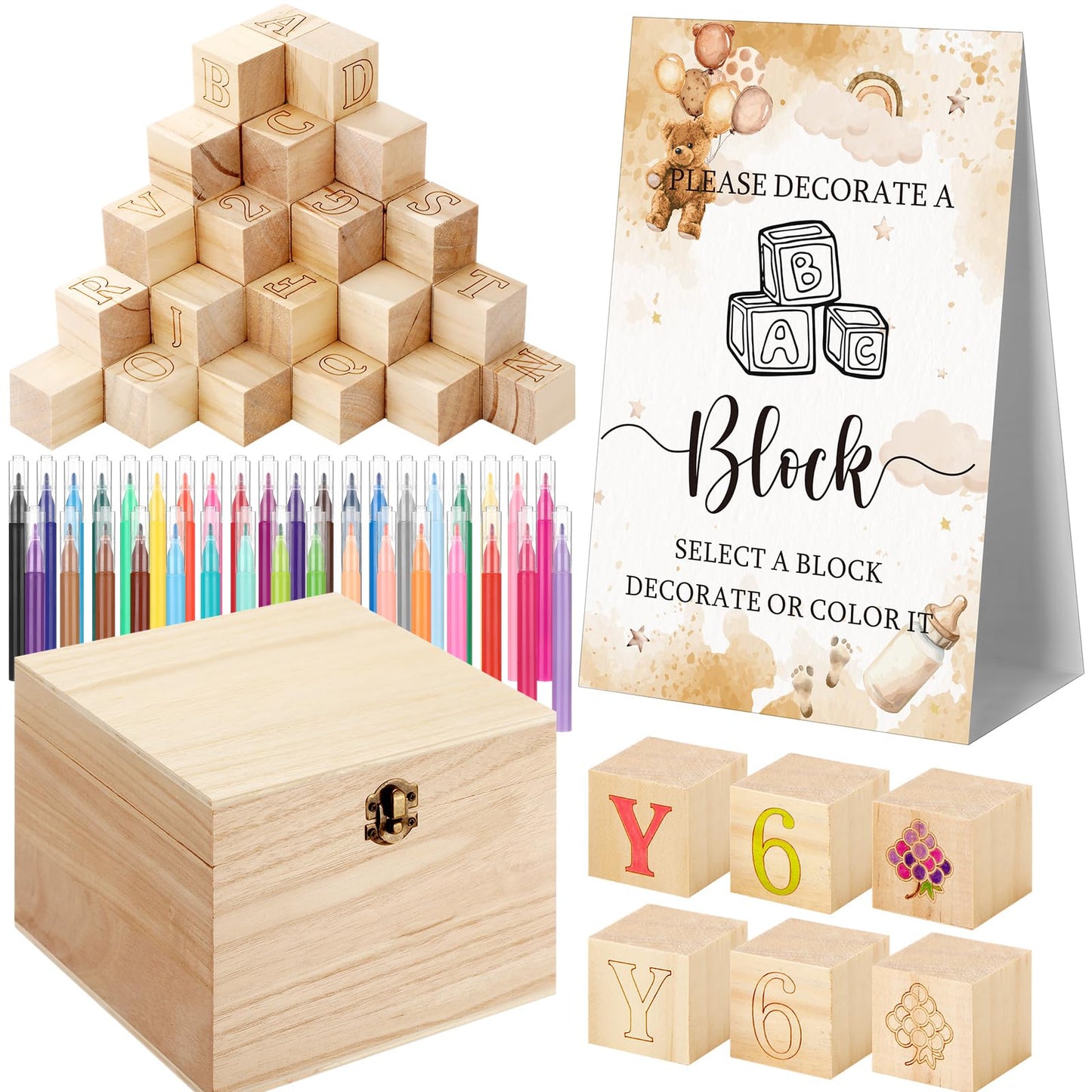 Marsui 136 Pcs Baby Shower Blocks to Decorate Game Kit Includes 98 Wooden Blocks, 36 Markers, 1 Game Sign, 1 Storage Box for Baby Shower Gender Reveal Activity Party Decorations(Pink Elephant)
