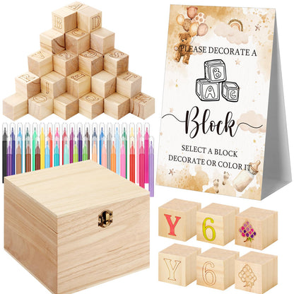 Marsui 136 Pcs Baby Shower Blocks to Decorate Game Kit Includes 98 Wooden Blocks, 36 Markers, 1 Game Sign, 1 Storage Box for Baby Shower Gender Reveal Activity Party Decorations(Pink Elephant)