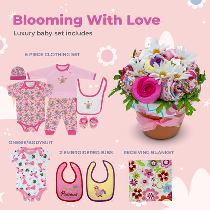 Deluxe Baby Blossom - Baby Girl Outfits | Newborn Baby Girl Gift Set | Baby Gift Basket for Expecting Moms | New Baby Gift Basket | Pink Baby Gift Set | Clothing Flower Bouquet | Nikki's Gift Baskets