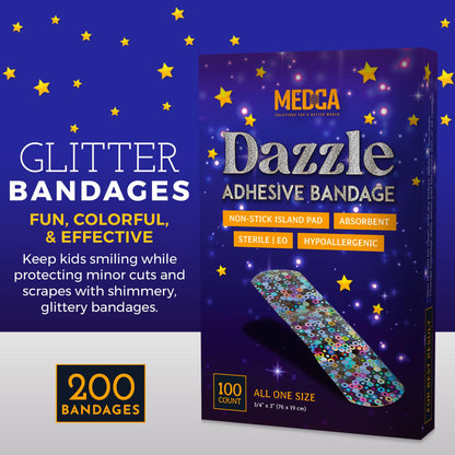 Glitter Bandages for Kids -(100 Count Box) Adhesive Bandage Strips w/Colorful Glitter Design & Latex-Free Individually Wrapped Strips for First Aid, Wound Care, Minor Cuts, Scrapes