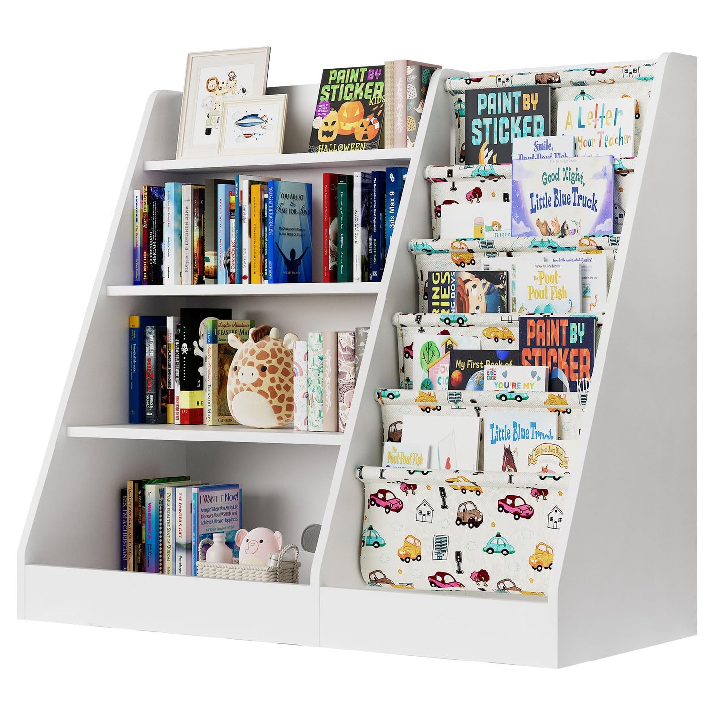 White Kids Bookshelf Wood Toy Storage Organizer Cabinet Children Bookcase Toddler Baby Sling Book Rack 3 Cube Bins Fabric Drawers for Playroom Bedroom Nursery School