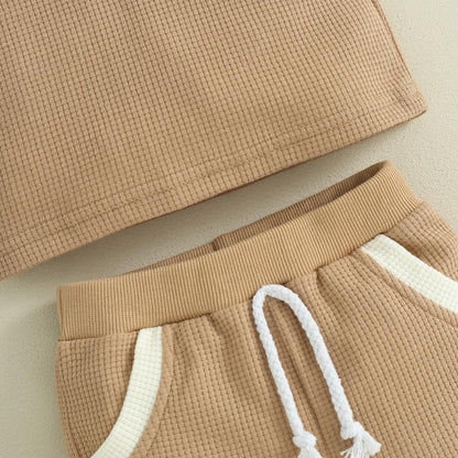 Kuriozud Newborn Baby Boy Summer Clothes Button Short Sleeve Romper Bodysuit Shorts Set Toddler Soft Waffle Outfit