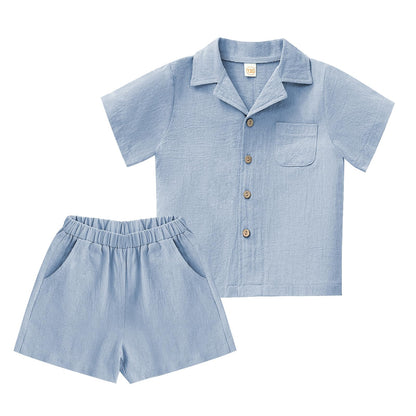 XMWEALTHY Toddler Baby Boy Summer Clothes Color Block Short Sleeve Button-down Shirt Tops + Cotton Pants Outfit Set