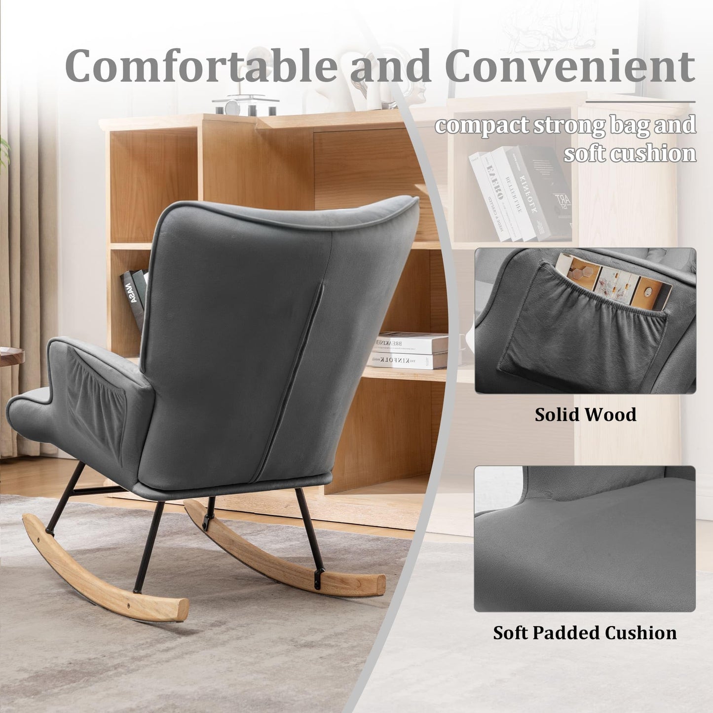 Rocking Chair for Nursery, Comfy Velvet Fabric Glider Rocker, Reading Chair with Support Seating and Side Pockets, Rocking Recliner Chair for Living Room, Bedroom, Balcony, Creamy Beige