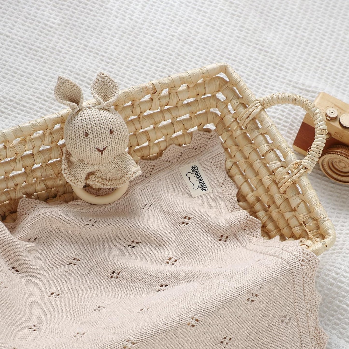 mimixiong Cotton Baby Blanket Knitted Crochet Receiving Crib Nursery Swaddling Blankets for Newborn Baby Boy Girl Off White 30x40 Inch