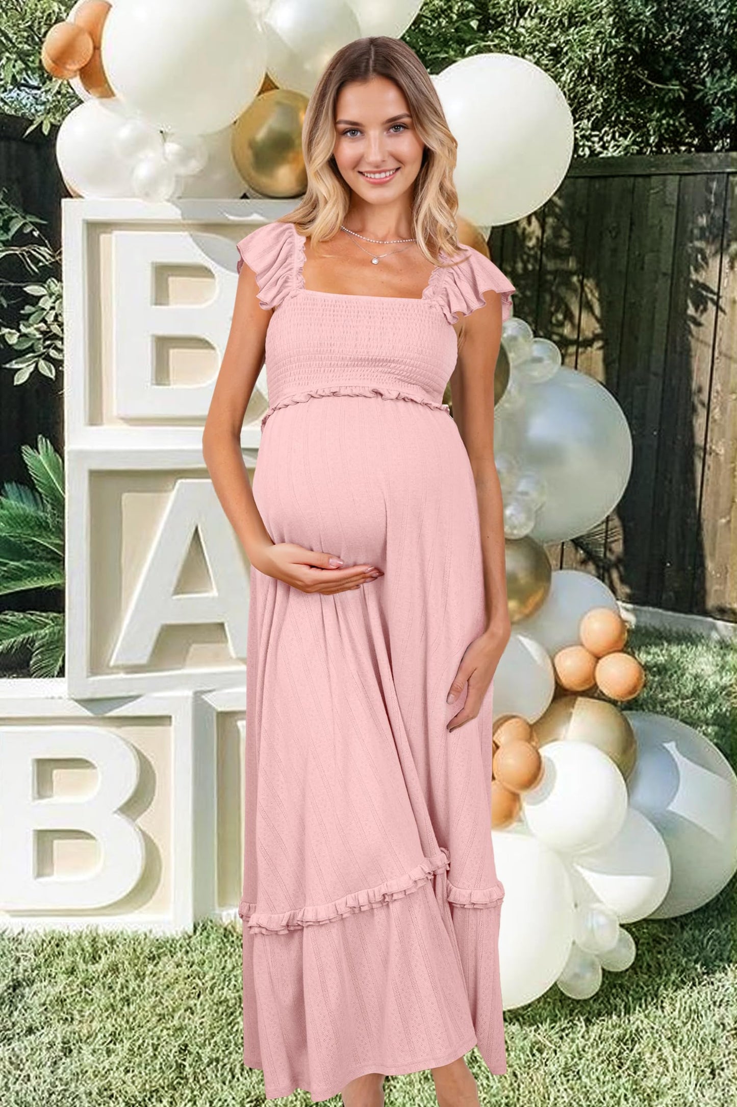 OUGES Womens 2025 Summer Maternity Photoshoot Dress Boho Maxi Smocked Baby Shower Dress Ruffle Sleeve Maternity Clothes