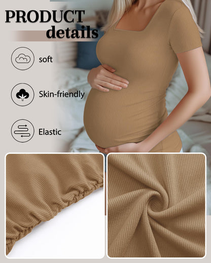 Huukeay 4 Pack Women's Maternity Shirts Cotton Ribbed Short Sleeve Square Neck Pregnancy Tops Side Ruched Summer Tee
