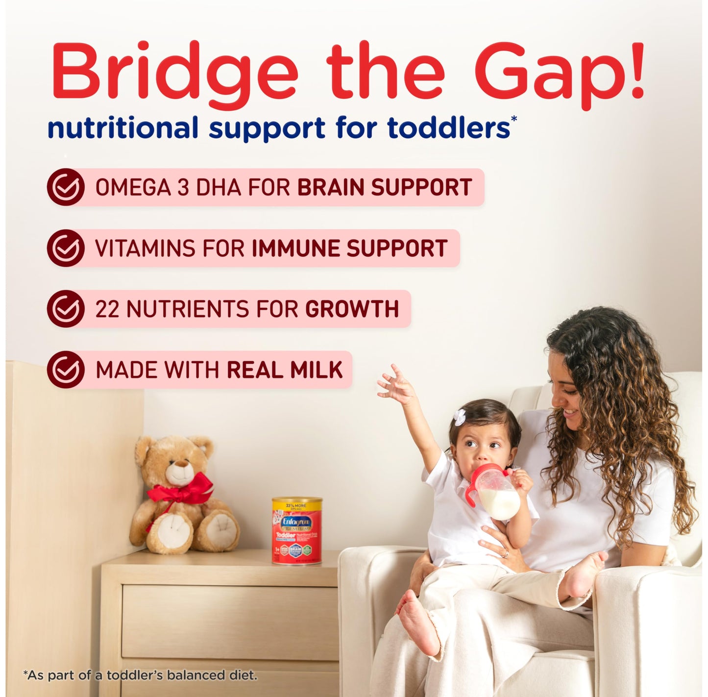 Enfagrow PREMIUM Toddler Nutritional Drink, Made with Real Milk, Brain-Building Omega-3 DHA, Nutrients and Prebiotics for Growth & Immune Support, Non-GMO, Toddler Milk Powder, 24 Oz Can