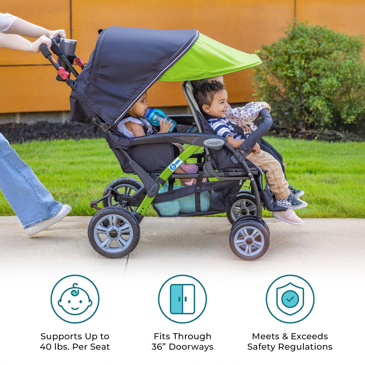 Gaggle by Foundations Compass Quad 4 Seat Stroller | 4-Seat Stroller for Daycare | Oversized UV Blocking Canopy | 5-Point Harness | Easy Loading | Storage Bucket | Black