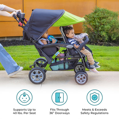 Gaggle by Foundations Compass Quad 4 Seat Stroller | 4-Seat Stroller for Daycare | Oversized UV Blocking Canopy | 5-Point Harness | Easy Loading | Storage Bucket | Black