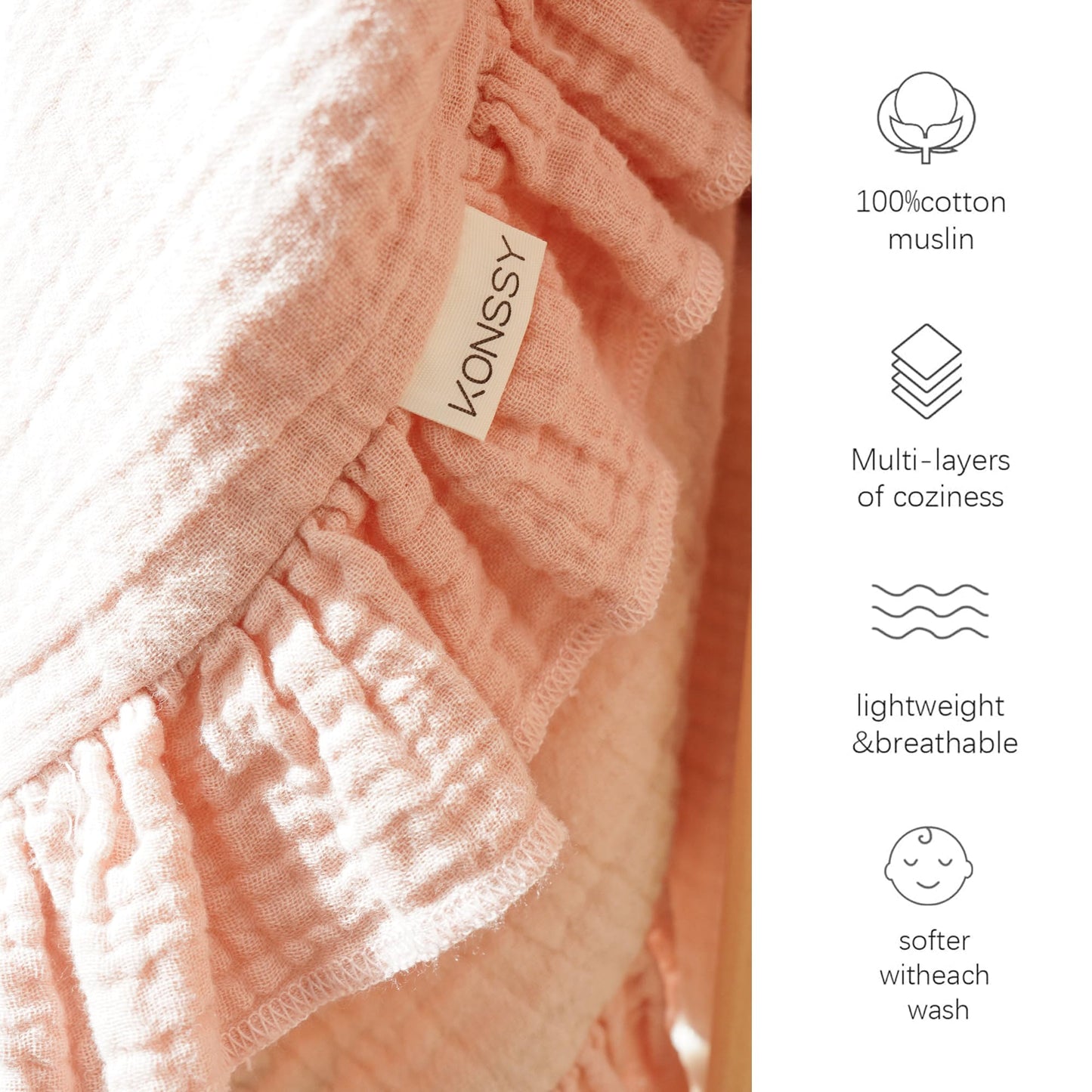 Konssy Flounce Muslin Baby Blankets, Cotton Crib Blanket for Baby Infant Toddler, Super Soft and Lightweight Nursery Blankets 40"x36" (Blossom)