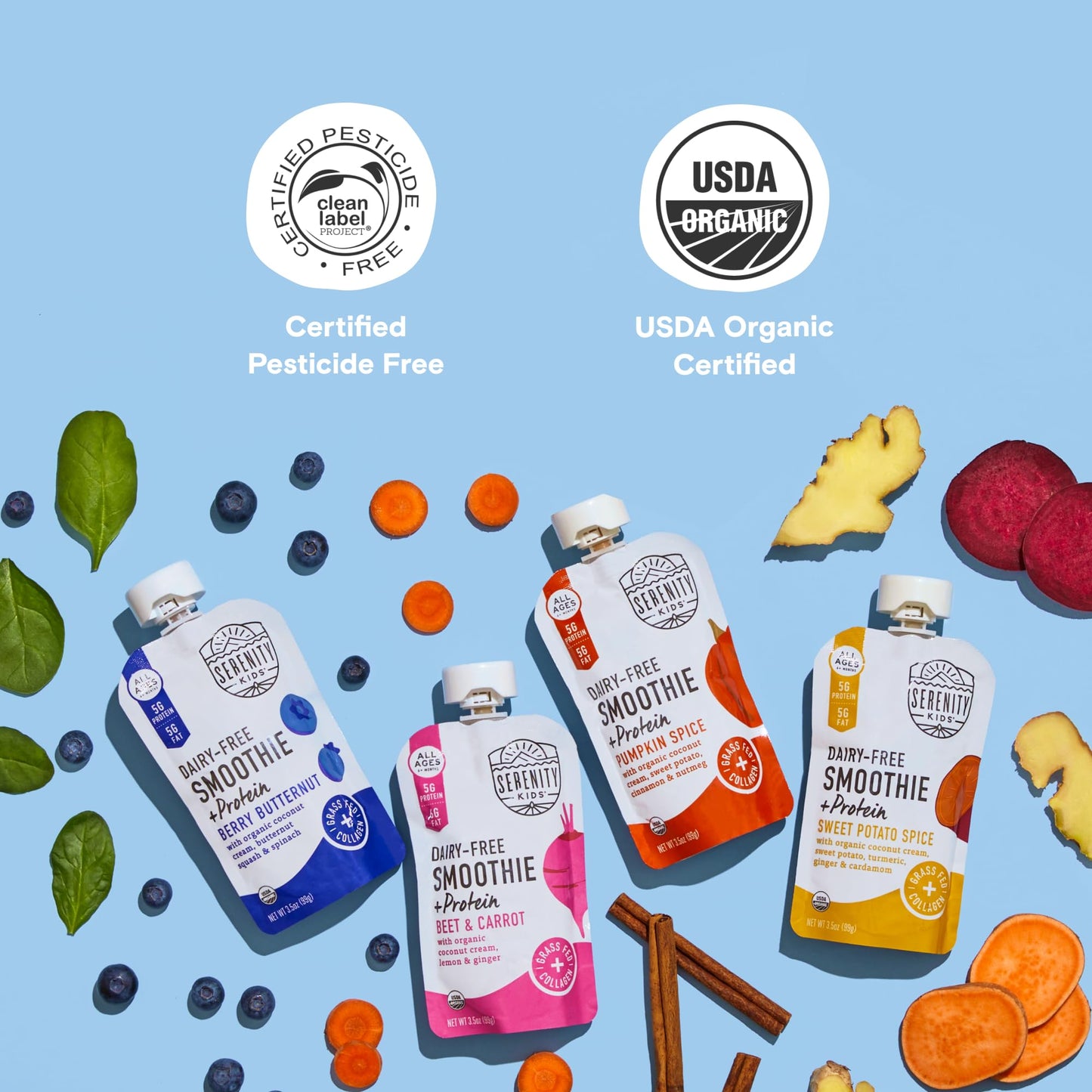 Serenity Kids 6+ Months Dairy-Free Smoothie Baby Food | USDA Organic | Grass Fed Collagen Protein | 3.5 Ounce BPA-Free Pouch | Berry Butternut | 12 Count