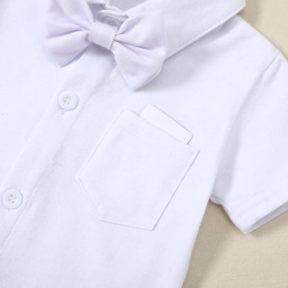 WESIDOM Baby Boy Clothes Suit 0-24 Months Gentleman Outfits, Short Sleeve Dress Romper+Bowtie+Detachable Suspender Shorts Set