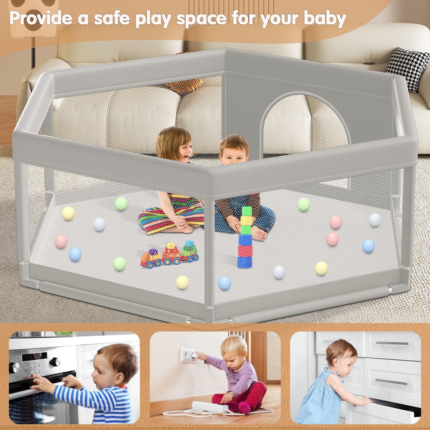 Baby Playpen 50x50 Inch, Play Pens for Babies and Toddlers Baby Fence Baby Play Yards for Indoor & Outdoor with Breathable Mesh Anti-Fall Playpen