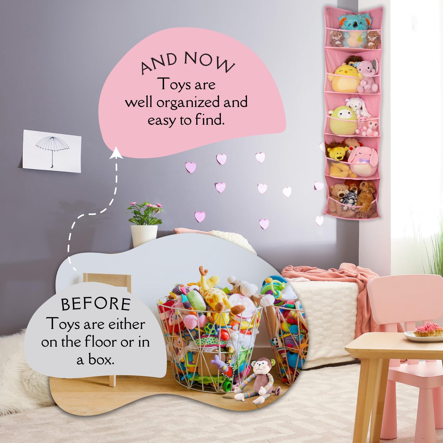 Lilly's Love Corner Stuffed Animal Toy Storage Hanging Organizer | 5 Expandable Mesh Net Pockets, Stores Loads of Plush Toys | Large Plushie Display for Boys, Girls | Pink