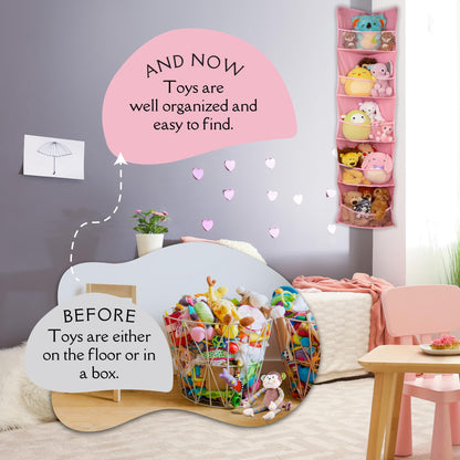 Lilly's Love Corner Stuffed Animal Toy Storage Hanging Organizer | 5 Expandable Mesh Net Pockets, Stores Loads of Plush Toys | Large Plushie Display for Boys, Girls | Pink