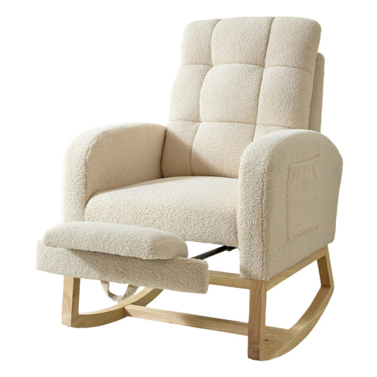 NIOIIKIT Modern Nursery Rocking Chair, Teddy Upholstered Rocking Chair with Footrest, Comfortable Glider Rocker with Side Pocket for Living Room, Bedroom, Nursing Room (Beige)