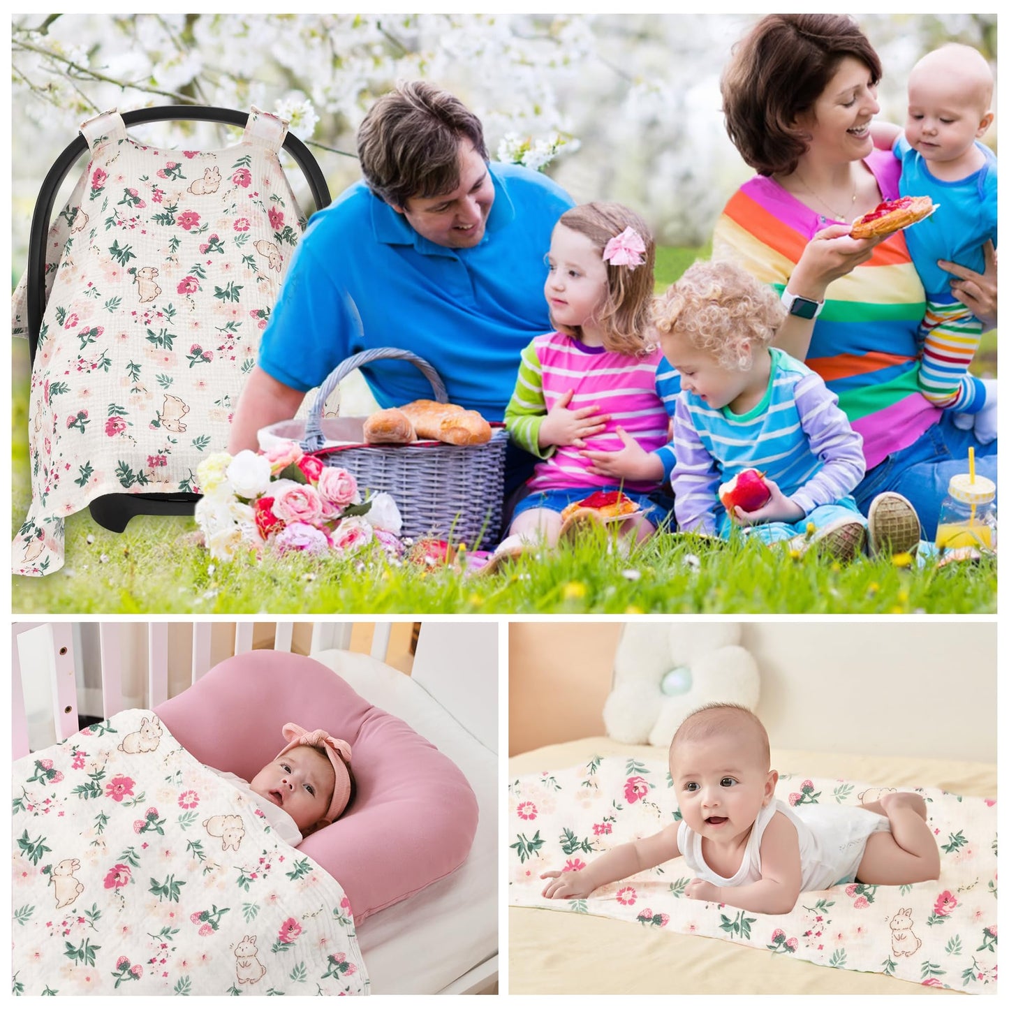 SERAPHY 100% Muslin Cotton Car Seat Covers for Babies, Universal Baby Car Seat Cover, Breathable Muslin Carseat Cover Canopies for Boys and Girls, Soft Infant Car Seat Cover for Summer — Rabbits
