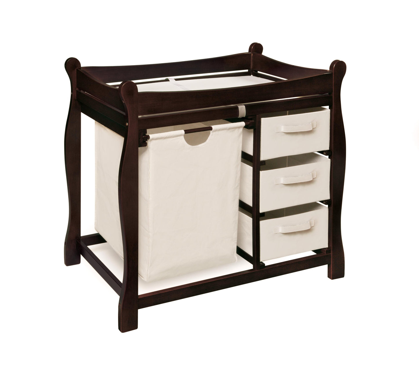Badger Basket Sleigh Style Baby Changing Table with Laundry Hamper and 3 Storage Drawers - Espresso