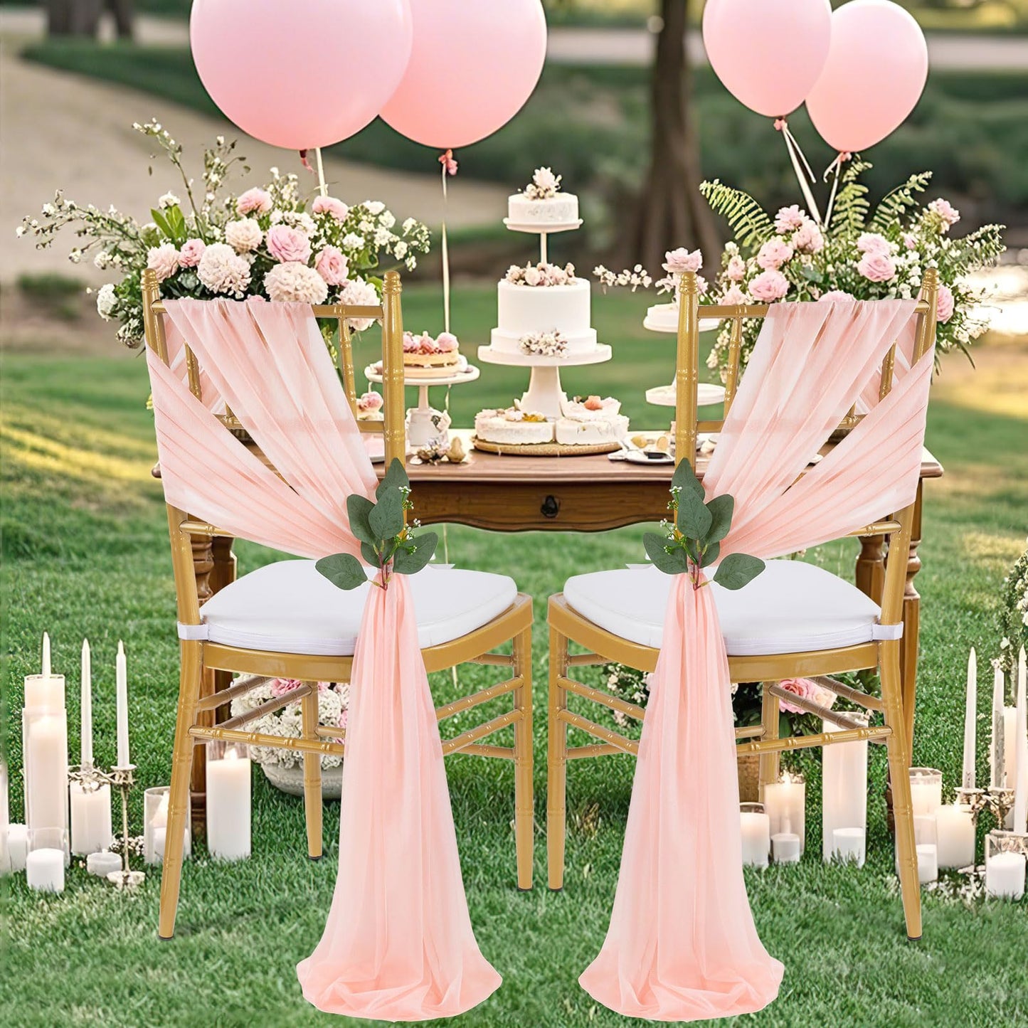 QueenDream Light Blue Sashes Chair Aisle Decorations: 24 Pack Baby Shower Chair Cover 8FT Long Tulle Draping Fabric Wedding Reception Church