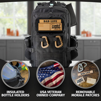 Dad Diaper Bag for Men with Removable Patches, Waterproof Tri-fold Changing Pad, Insulated Pouches, Molle Webbing, YKK Zippers, Black