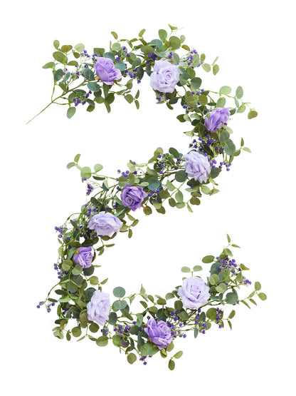 Anna's Whimsy 5.91FT Artificial Eucalyptus Garland with Flowers, Fake Flower Rose Gypsophila, Faux Floral Greenery Garland for Wedding Spring Home Party Craft Art Table Runner Decor