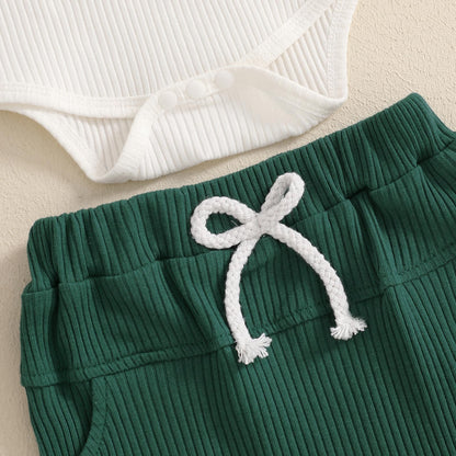 fhutpw Baby Boy Clothes Short Sleeve Romper & Shorts Sets Newborn 3 6 12 Months Summer Knitted Ribbed Splicing Color Outfits