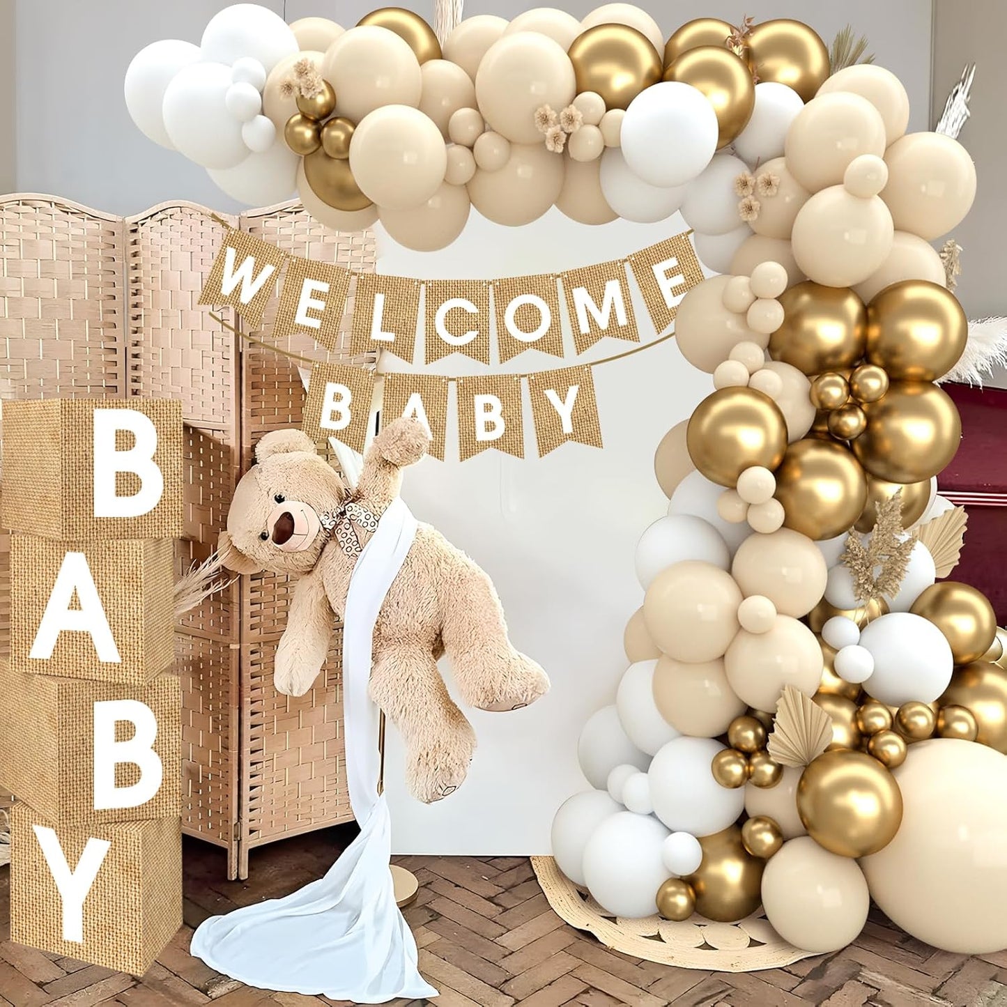 Boho Baby Shower Decorations-97Pcs Burlap Grain Baby Boxes,Nude and Gold Balloons Arch Kit and "WELCOME BABY" Banner for Neutral Baby Shower Decorations,Birthday Party Supplies,Gender Reveal