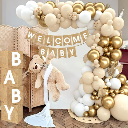 Boho Baby Shower Decorations-97Pcs Burlap Grain Baby Boxes,Nude and Gold Balloons Arch Kit and "WELCOME BABY" Banner for Neutral Baby Shower Decorations,Birthday Party Supplies,Gender Reveal