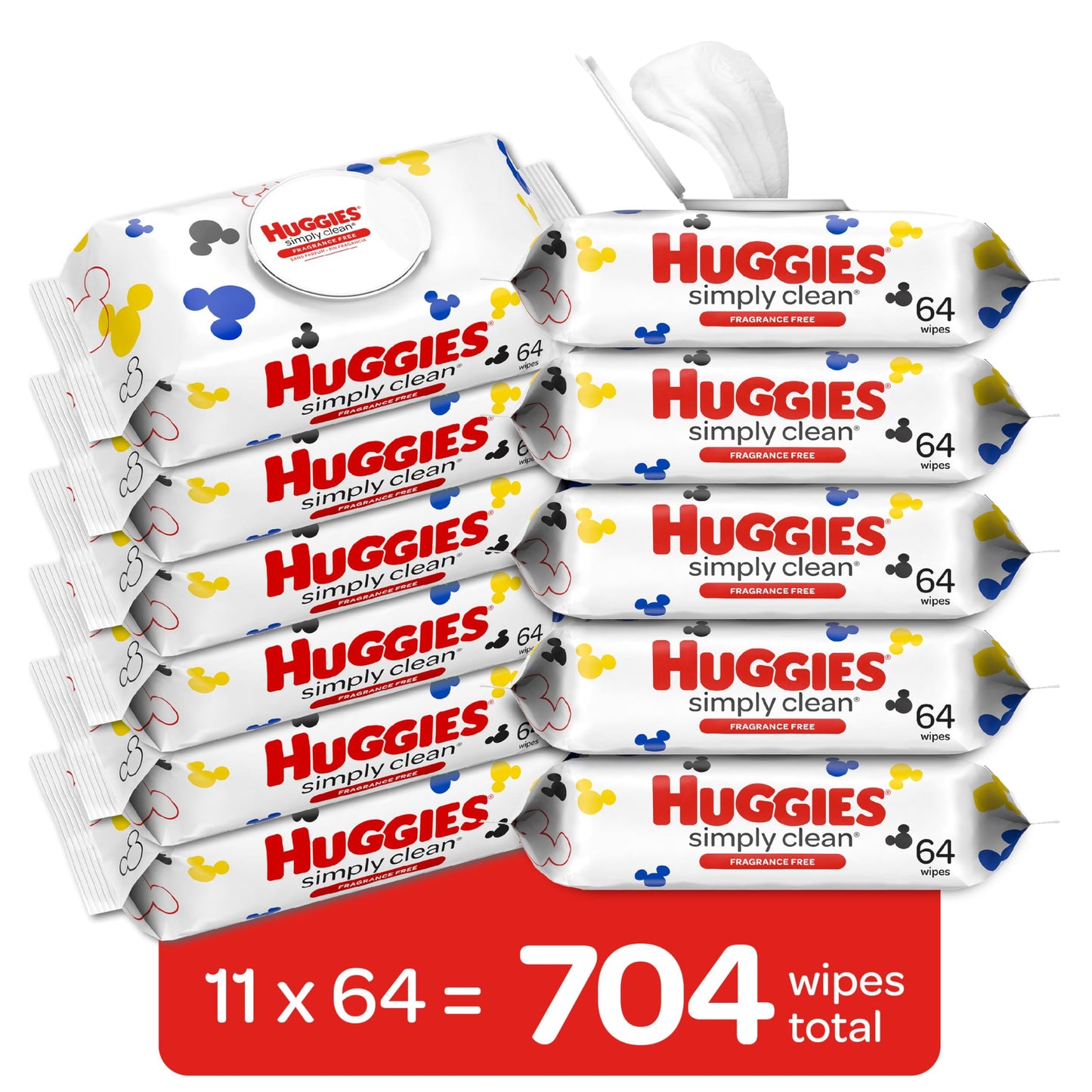 Huggies Simply Clean Unscented Baby Diaper Wipes, 11 Flip-Top Packs (704 Wipes Total), Packaging May Vary