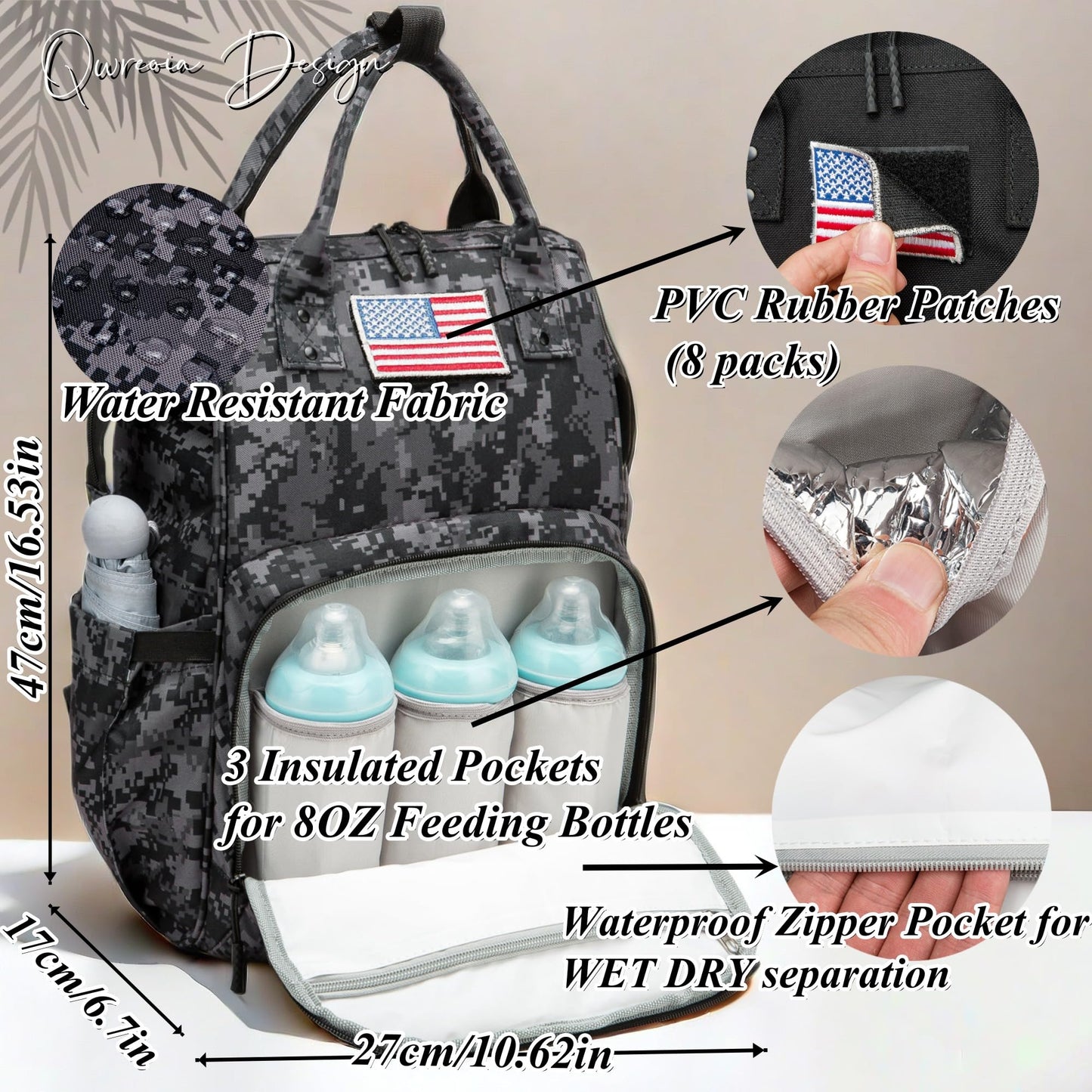 Diaper Bag Backpack for Dad and Mom with USB Charging Port Stroller Straps and Insulated Pocket,army military Travel Nappy Backpack for Daddy/Mommy (Black)