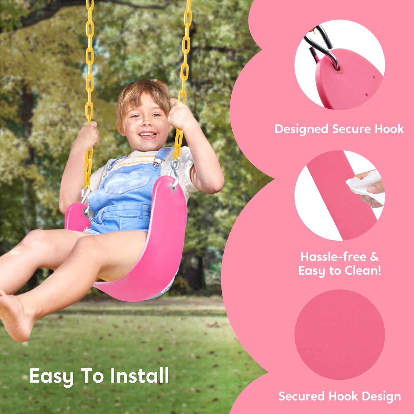 TURFEE Heavy Duty Swing Seat Pink Color with 66” Chain, Swing Set Accessories Replacement with Snap Hooks for Kids Outdoor Play Playground