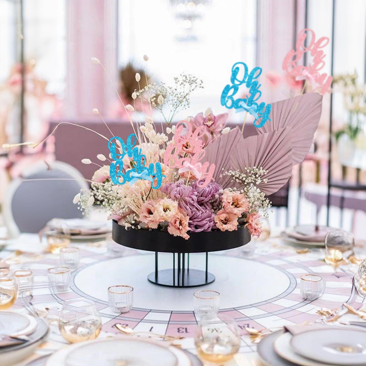 Gyufise 12Pcs Oh Baby Centerpiece Sticks Double Sided Blue Pink Bow Glitter Baby Shower Cupcake Picks Gender Reveal Table Flower Centerpieces for Baby Shower Birthday Party Supplies Gold