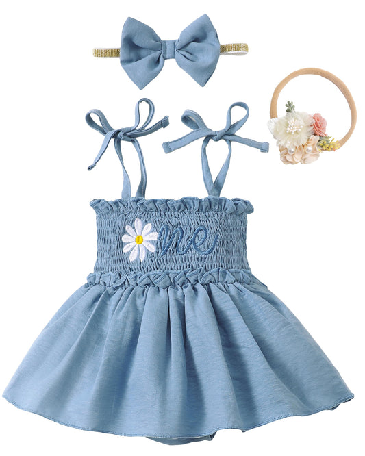 Renotemy Baby Girl Tulle Dress Sleeveless Romper Smocked Halter 1st Birthday Clothes Cake Smash Outfits with Flower Headband