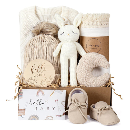meloom Baby Gift Set, Unisex Newborn Gifts Box, Boho Gender Neutral Baby Essentials, for New Mom, New Baby Gifts for Boys and Girls, Personalized Gift Basket for New Babies