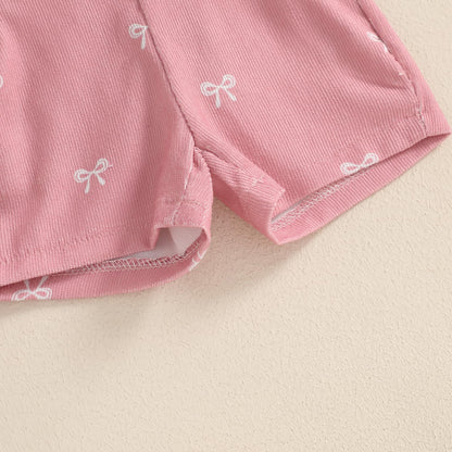 Adobabirl Baby Girl Summer Clothes Ribbed Short Sleeve Romper Bow Print Overalls Shorts Set Infant Cute Summer Outfits
