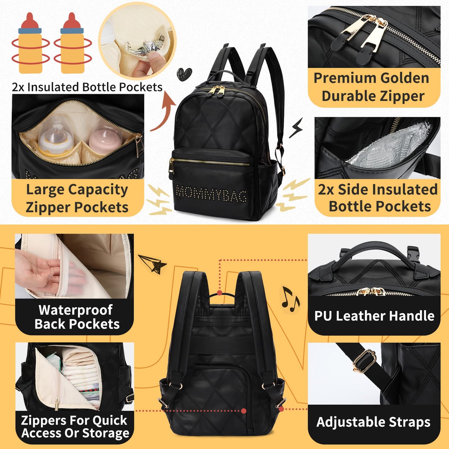 miss fong Diaper Bag Backpack Baby Diaper Bag for baby boy and girls, Leather Baby Bag with 13 diaper bag organizing pouches, Changing Pad, Stroller Straps and 4 Insulated Pockets(Black)