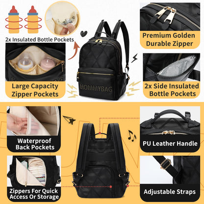 miss fong Diaper Bag Backpack Baby Diaper Bag for baby boy and girls, Leather Baby Bag with 13 diaper bag organizing pouches, Changing Pad, Stroller Straps and 4 Insulated Pockets(Black)