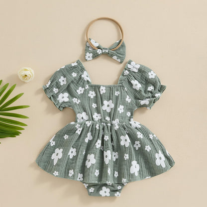 Baby Girls Daisy Romper Bowknot Bodysuit+Headband Short Sleeve Playsuits Floral Jumpsuit Infant Summer Clothes