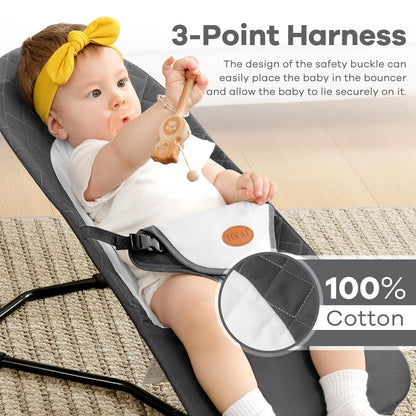 HKAI Baby Bouncer, Portable Baby Bouncer Seat for Babies 0-18 Months, 100% Cotton Fabrics, 3 Modes of use with Rocker and Stationary Options, Infant Rocker Chair with Hanging Toys-Organic Oat