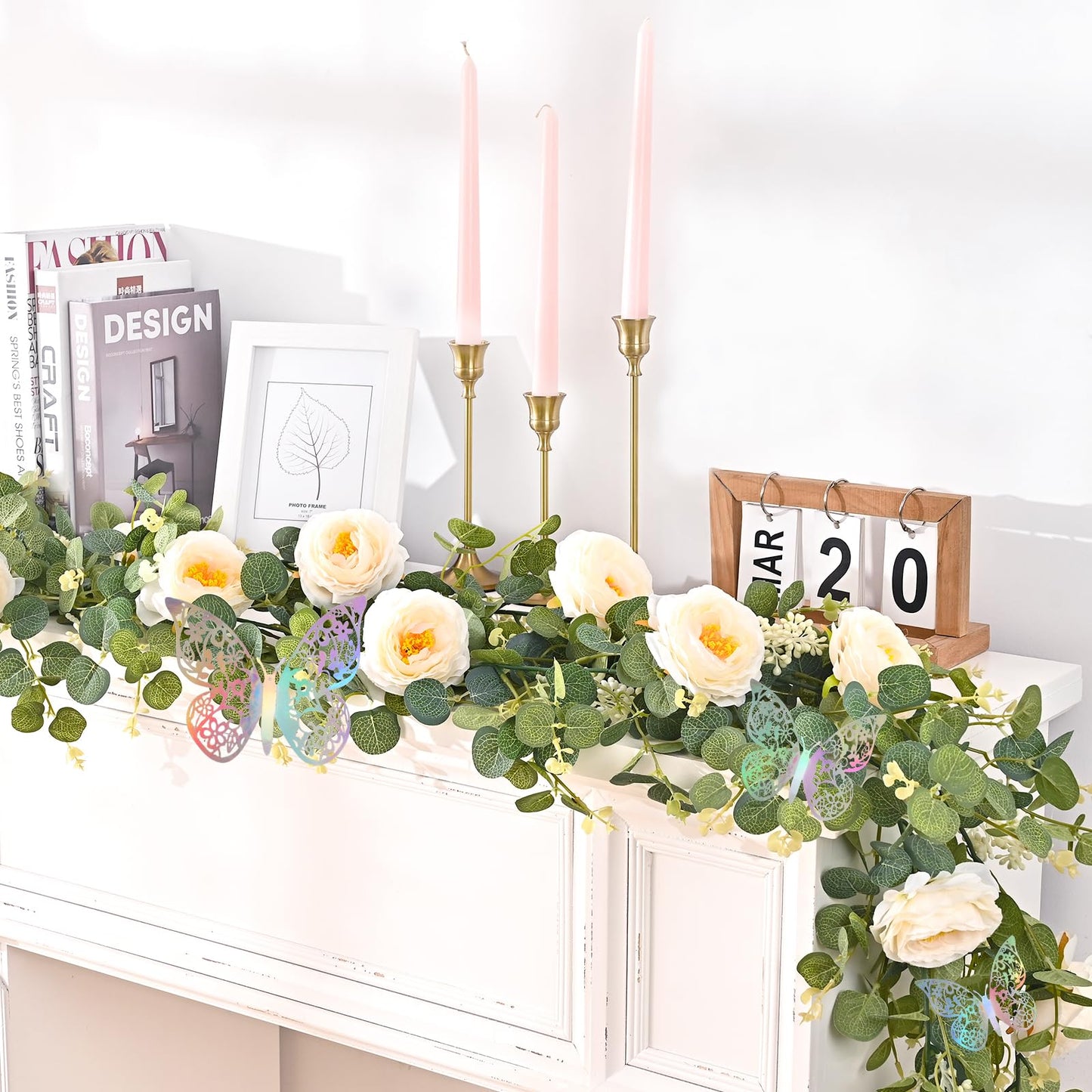 Yastouay 6.4 Ft Fuller Artificial Eucalyptus Garland with Champagne Flowers Fake Rose Vine for Table Centerpiece Wedding Baby Shower Party Room Backdrop Decor