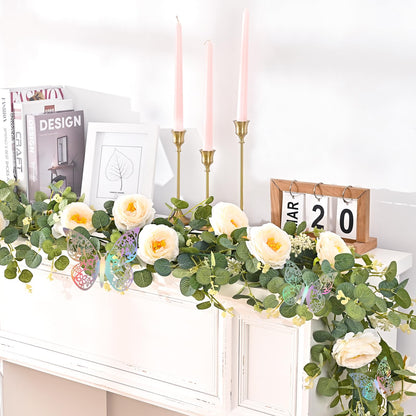 Yastouay 6.4 Ft Fuller Artificial Eucalyptus Garland with Champagne Flowers Fake Rose Vine for Table Centerpiece Wedding Baby Shower Party Room Backdrop Decor