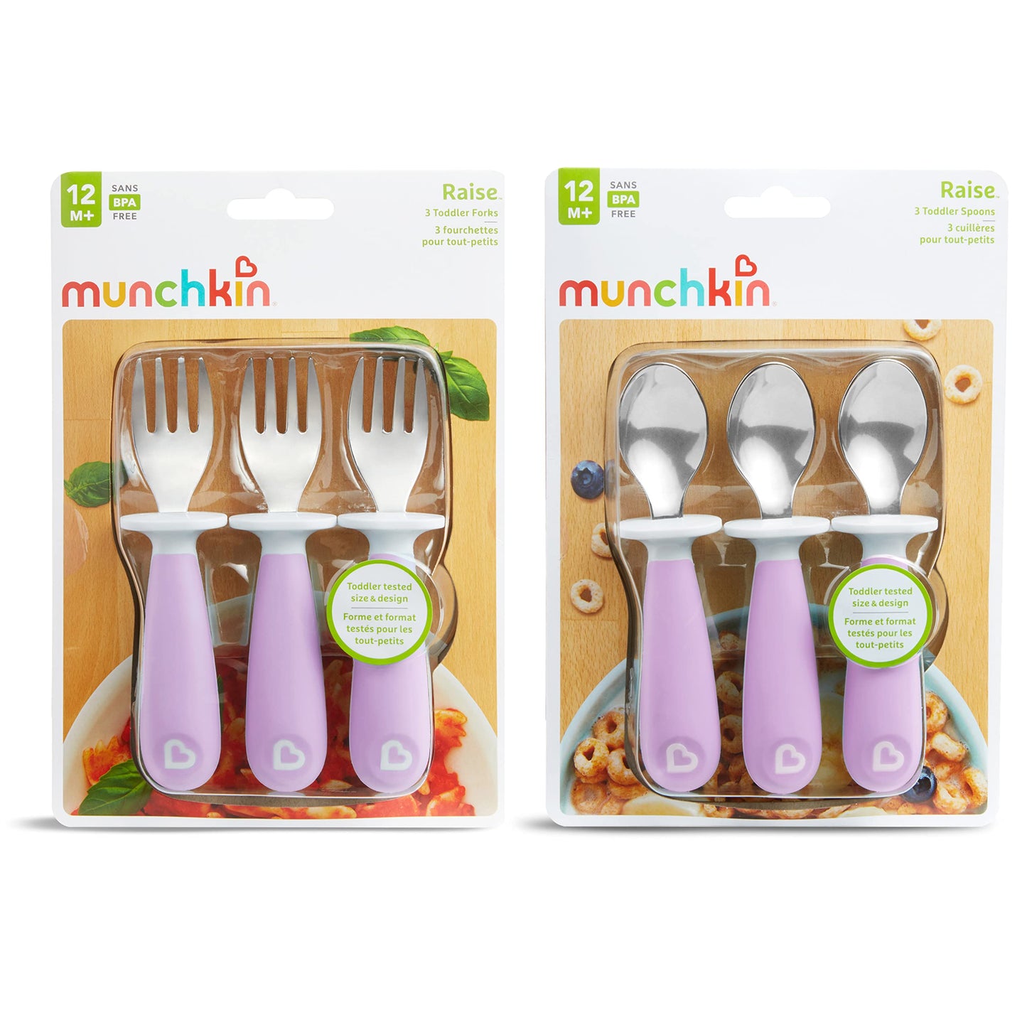 Munchkin® Raise™ Toddler Fork and Spoon Utensil Set, Rest Keeps Tip Off Table, BPA Free, 4 Pack, Blue/Green