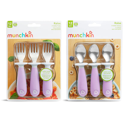 Munchkin® Raise™ Toddler Fork and Spoon Utensil Set, Rest Keeps Tip Off Table, BPA Free, 4 Pack, Blue/Green