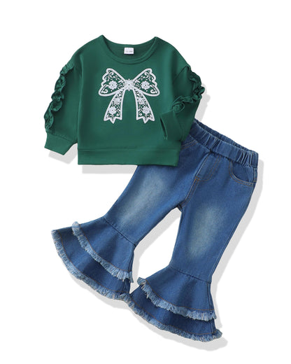 Renotemy Toddler Baby Girl Clothes Fall Winter Outfit, Bow Sweatshirt Denim Bell Bottom Jeans Outfits for 1-5 Year Girls