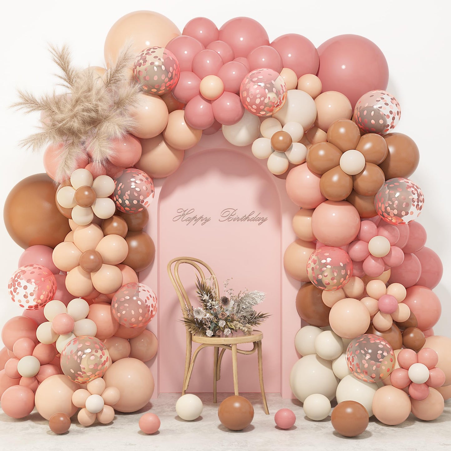 Amandir Boho Daisy Balloons Garland Arch Kit, Retro Dusty Rose Pink Blush Brown Nude Flower Balloons for Boho Daisy Flower Theme Birthday Baby Shower Wedding Mothers Day Party Decorations Supplies