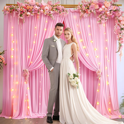 10x10ft Pink Backdrop Curtain with Lights String for Parties Wedding Wrinkle Free Soft Curtains Photo Backdrop Drapes for Girls Birthday Baby Shower Background Decorations 5x10ft, 2 Panels
