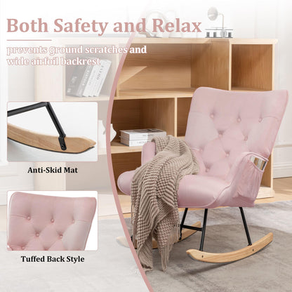 Rocking Chair for Nursery, Comfy Velvet Fabric Glider Rocker, Reading Chair with Support Seating and Side Pockets, Rocking Recliner Chair for Living Room, Bedroom, Balcony, Creamy Beige