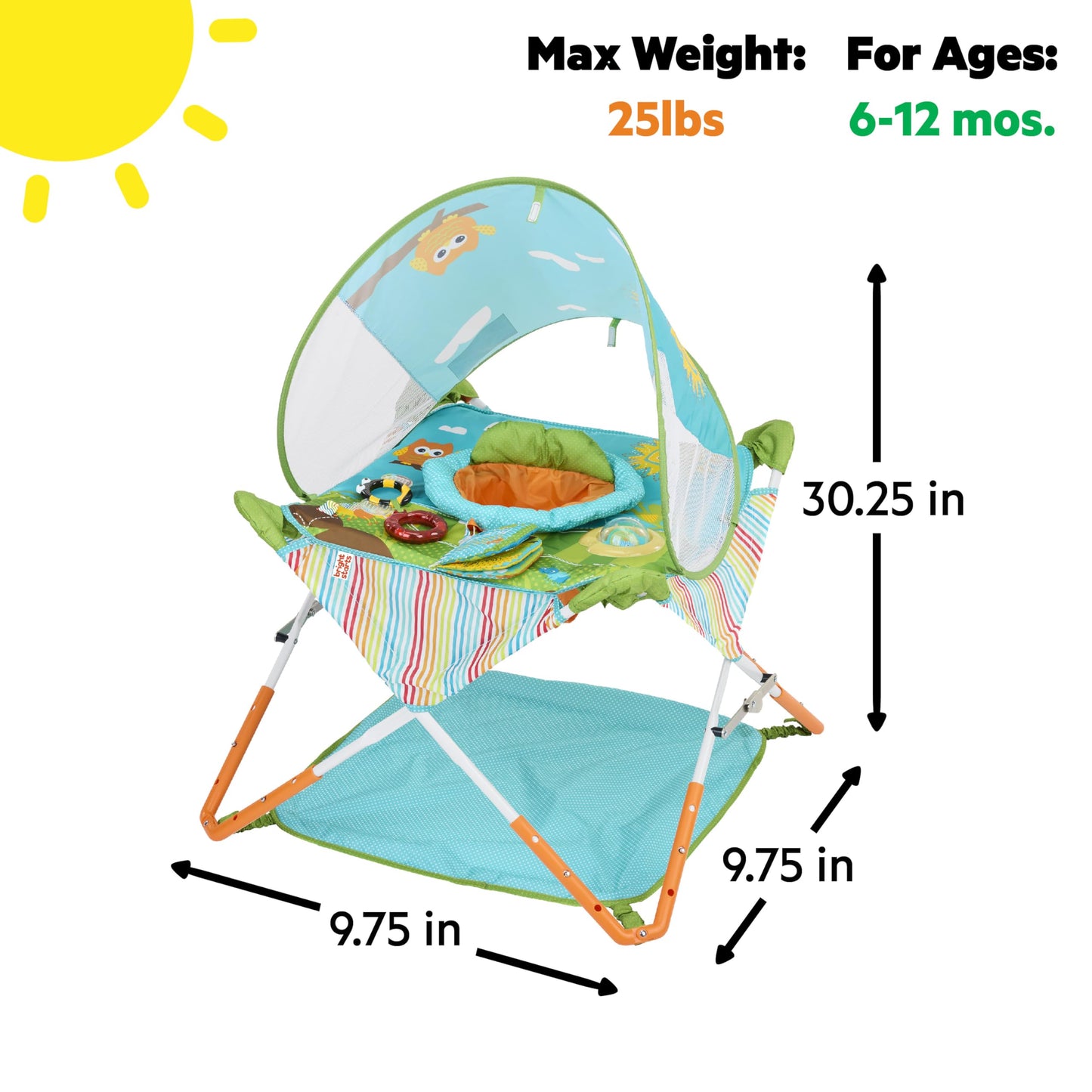 Bright Starts Pop 'N Jump Portable Activity Jumper, Indoor/Outdoor Use, Owl Forest with 4 Sensory Toys, Ages 6-12 Months