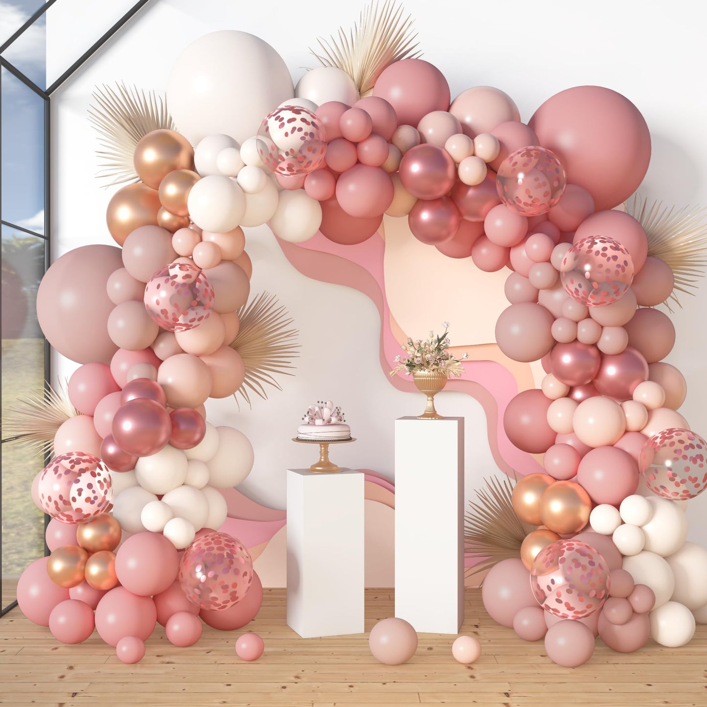 Amandir 173Pcs Pink Blue Green Balloon Arch Garland Kit, Dusty Baby Pink Mauve Pastel Mist Haze Green Blue Gold Confetti Balloons for Baby Shower Gender Reveal Wildflower Birthday Party Decorations